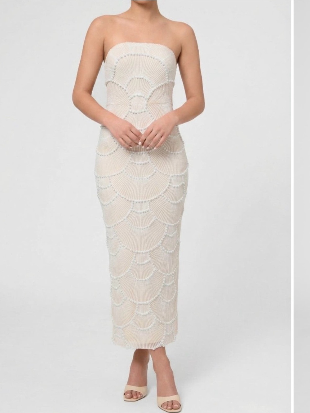 Strapless Ivory Beaded pearl Midi Dress